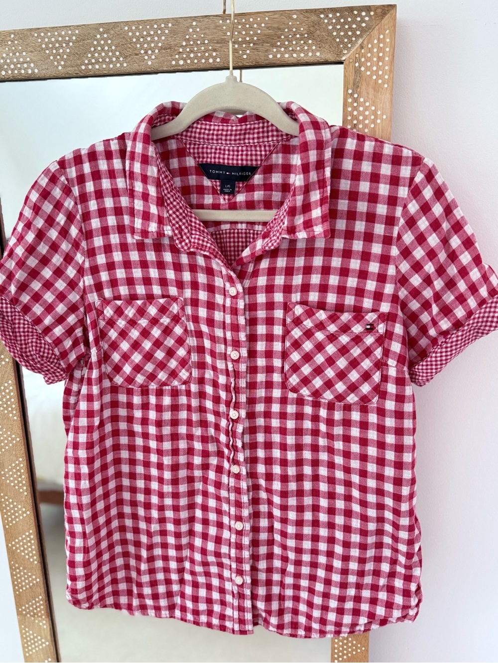 Tommy Hilfiger Red Gingham Button Down Shirt Large Cottagecore Preppy